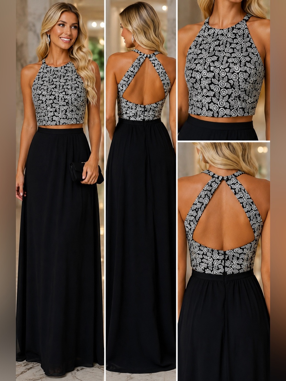 NWT Two Piece Black White Sleeveless Long Formal Event Dress XL Wedding Guest